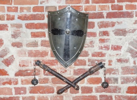Isolated medieval weapon - flail and shield の写真素材