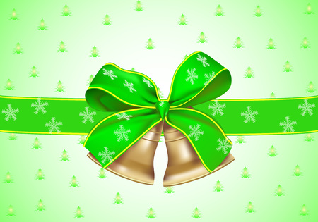 Christmas bells with ribbon green on background of christmas treesのイラスト素材