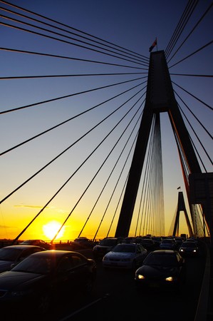 The yellowish sunset and the busy Anzac Bridge, Sydney, Australia.のeditorial素材