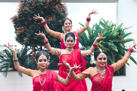 Dhaka, Bangladesh - September 23, 2020: Beautiful dance choreography of a group of young pretty girls for a cultural event that took place in the city for recreation amidst the  pandemic.のeditorial素材
