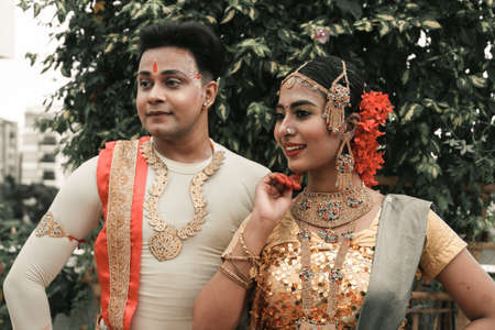 Dhaka, Bangladesh - September 23, 2020: The photo was taken in a cultural program to aware people of virus. In this photo, couple dancers are ready to perform their dance. They do their final reのeditorial素材