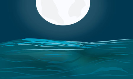 Vector illustration of deep blue sea and half-moon shining in the middle of the ocean with sea waves and moon reflection on the water.のイラスト素材