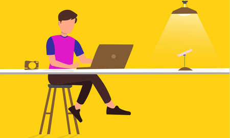 Vector of a young man working on a laptop sitting on the stool. Busy man operating laptop on the...