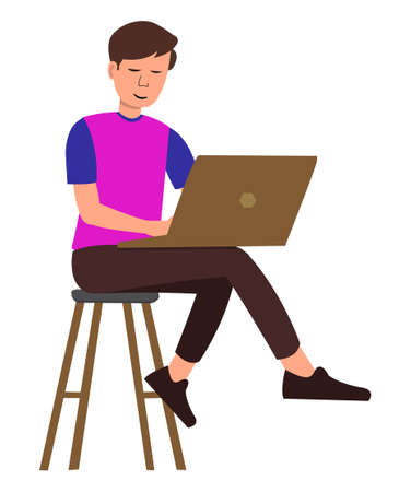 Vector of a young man sitting on the stool with a laptop on the lap. Young boy working with a laptop at home or office. Illustration of a professional working person isolated in white backgroundのイラスト素材