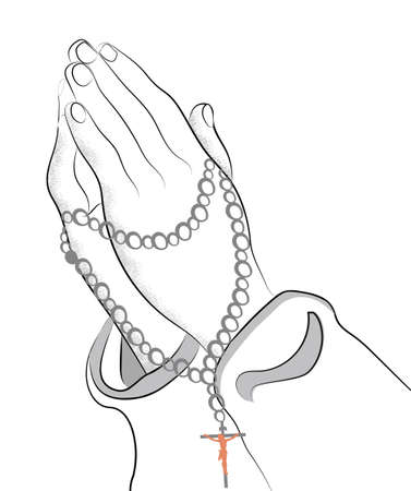Outline of praying hands with holy rosary beads with Jesus Christ on the cross hanging. Hands praying concept for religious people.のイラスト素材