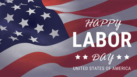 Happy Labor Day. USA holiday greetings card and poster. Waving American flag with stars and stripes. Celebration of labor day in United States of America. National flag of united sのイラスト素材