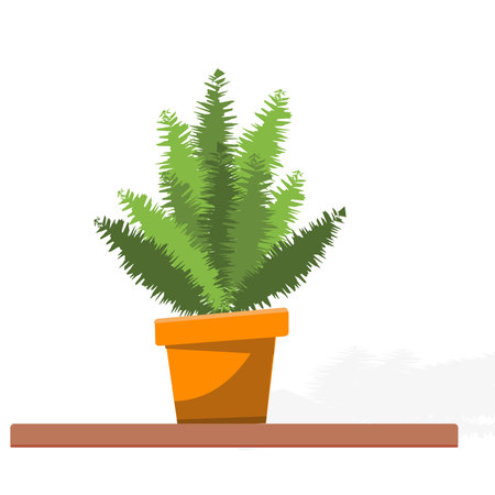 Vector illustration of a flowering plant on the table. House plant isolated. Beautiful green fern on a ceramic container, flower plant vase on the wall, potted house plantのイラスト素材