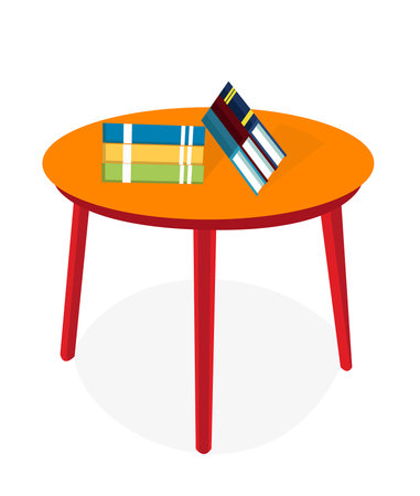 A colorful wooden table and a set of books are kept on the round table. Interior home decor, wood furniture. Vector of stylish circle three legs table, stool for home, and booksのイラスト素材