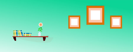 Beautifully painted wall with photo frames, flower vase, and books shelf. Vector of home decorative objects for interior wall design. Teel painted wall, frames, drawingのイラスト素材
