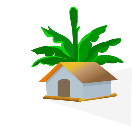 Beautiful village house, home, bungalow under banana tree isolated in white background. A small hut, rural location, nonurban residential in rural villageのイラスト素材