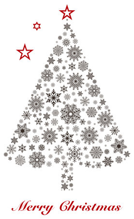 Merry Christmas vector tree with snowflakes, red stars on isolated white back. Illustration for background, wall paper, invitation, calendar, greeting cards etc. Dark snowflake tree.のイラスト素材