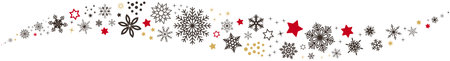 Christmas waved vector ornament. Dark brown, red and gold snowflakes and stars. Ornament for background, wall paper, invitation, calendar, greeting cards etc.のイラスト素材
