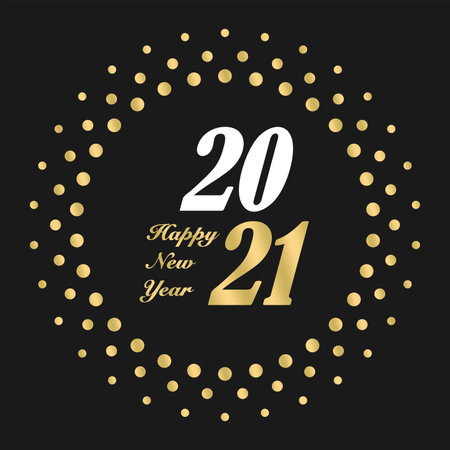 Happy New Year 2021 greetings vector. Abstract firework. Black background. Ornament in gold, white and black for background, wall paper, invitation, calendar, greeting cards etc.のイラスト素材