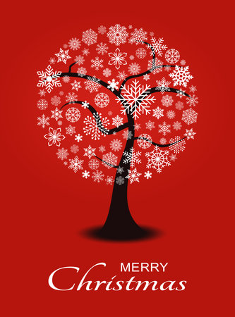 Merry Christmas abstract vector tree with snowflakes on red background. Illustration for background, wall paper, invitation, calendar, greeting cards etc. Abstract snowflake tree.のイラスト素材