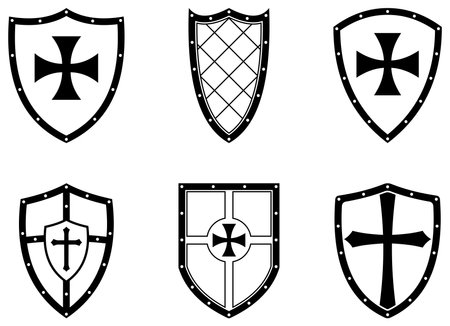 Knight Shield set on white isolated background. Black and White Vector Illustration of simple Wappon shields. Knight and Viking equipment in Middle Age design.のイラスト素材