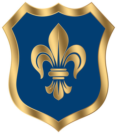 Medieval Knight Shield vector in gold and blue with lily on white isolated background. Gold framed Vector Illustration of a medieval Wappon shield with lily. Knight and Viking equipment.のイラスト素材