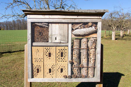 Insect hotel. House for Insects. Close up of a wooden and brick insect house hotel.の写真素材