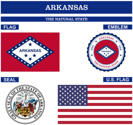 Arkansas Symbol collection with flag, seal, US flag and emblem as vector. The Natural State, The Bear Stateのイラスト素材