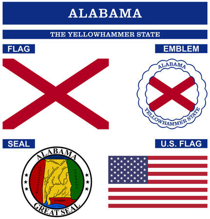 Alabama Symbol collection with flag, seal, US flag and emblem as vector. The Yellowhammer State. The Heart of Dixie. The Cotton State.のイラスト素材