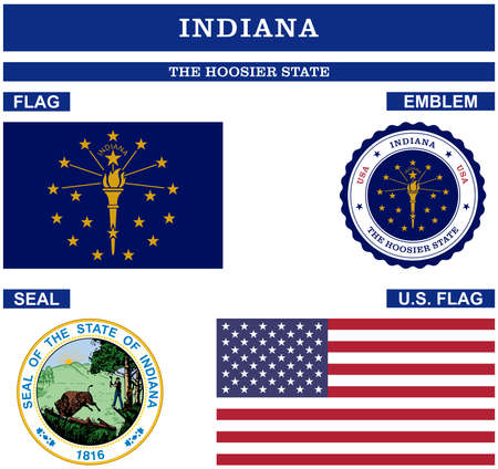Indiana Symbol collection with flag, seal, US flag and emblem as vector. The Hoosier State. Detailed vector illustration.のイラスト素材