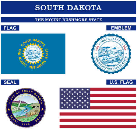 South Dakota Symbol collection with flag, seal, US flag and emblem as vector. The Mount Rushmore State. Detailed vector illustration.のイラスト素材