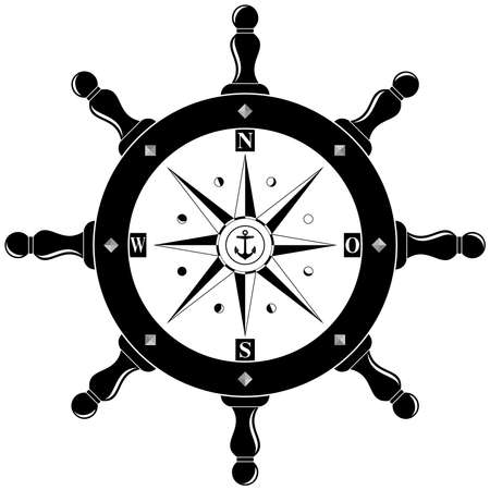 Nautical Steering wheel symbol with compass rose and German East description, anchor and Moon phases in black as vector on isolated white background. Useable for backgrounds, wallpaper.のイラスト素材