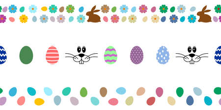 Three Happy Easter Egg border set on white isolated background. Seamless and single useable pattern. A proper designed Easter egg arrangement illustration.のイラスト素材
