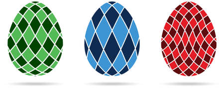 Three abstract mosaic Happy Easter Egg set on white isolated background A proper designed Easter egg arrangement illustration.のイラスト素材