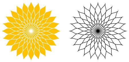 Sun Beam or Solar vector symbol in rose or sunflower design. Full color and contour. White isolated background. Power or Energy Saving illustration.のイラスト素材