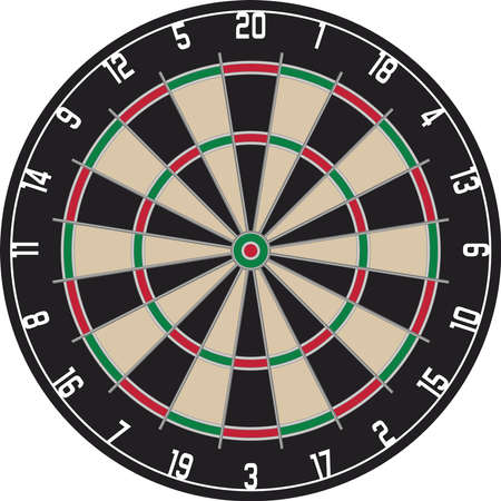 Dartboard vector with bulls eye on isolated white background. Illustration with realistic board colors. Proper designed dartboard.のイラスト素材