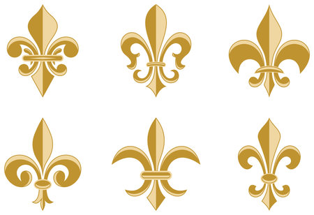 Golden Fleur-de-lis symbols as vector. Different variations on a white isolated background. Set of Lily symbols in exact shape design useable for all Heraldic requirements.のイラスト素材