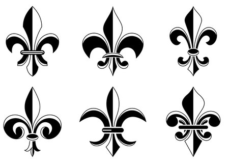 Fleur-de-lis symbol in different variations on a white isolated background. Set of Lily symbols in exact shape design useable for all Heraldic requirements.のイラスト素材