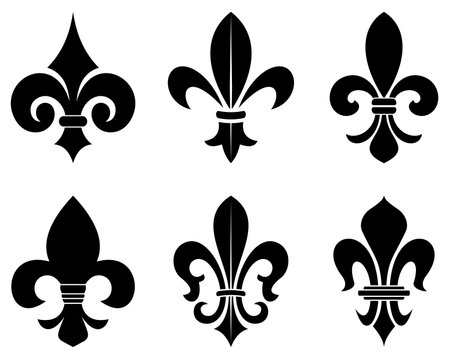 Lily flower symbol in different variations on a white isolated background. Exact shape design useable for all Heraldic requirements.のイラスト素材