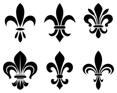 Lily flower symbol in different variations on a white isolated background. Exact shape design useable for all Heraldic requirements.のイラスト素材