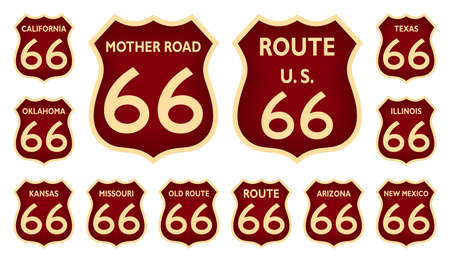 Route 66 traffic sign from United States of America with all related states in red design on isolated white background as vector.のイラスト素材