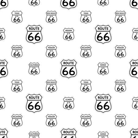 Seamless Route 66 traffic sign Symbols in black and white from United States of America with all related states. On isolated white background as vector. Useable for wallpaper, maps and backgrounds.のイラスト素材