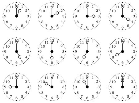 Clock or dial face with all twelve full times on isolated white background. One to twelve hours. Each clock in one black jointed shape.のイラスト素材