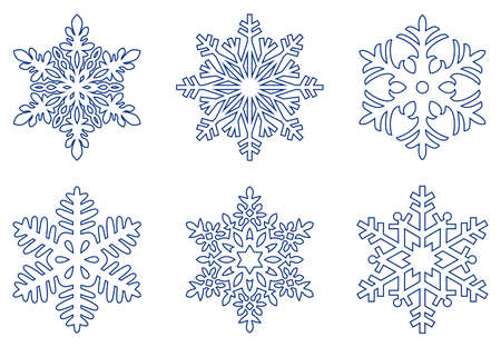 Contour of Frosty snowflakes on an isolated white background. A fine designed set of six blue Frosty snowflake outlines on an isolated white background.のイラスト素材