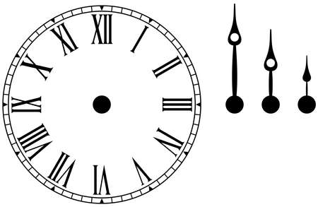 Clock or dial face with roman numbers isolated white background. Hour, minute and second pointer single for own positioning.のイラスト素材