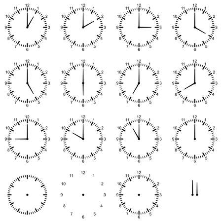 Clock or dial face with all twelve full times on isolated white background. Hour, minute and second pointer single for own positioning.のイラスト素材