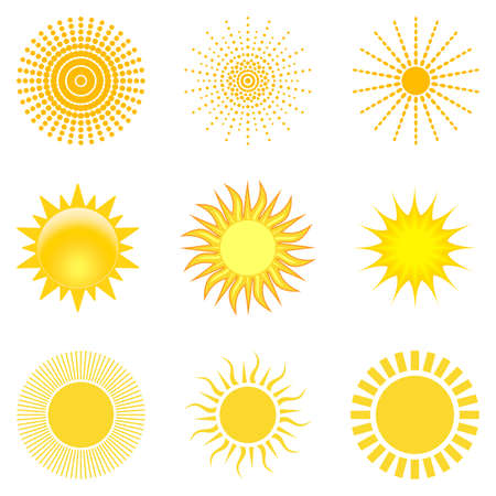 Sun or Sunshine vector with beams on a white isolated background. In different yellow and orange colors and gradients.のイラスト素材