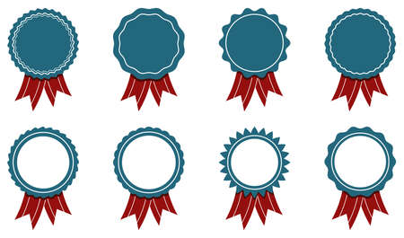 Award or Sale vector badge set with ribbon on isolated white background. Blue and red flat design.のイラスト素材