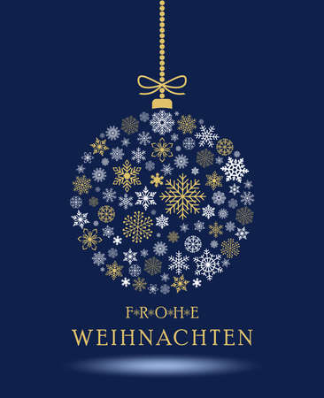 Christmas bauble vector. Snowflakes, hanger and German Christmas greetings. Blue background. Translation german to english: Merry Christmas is Merry Christmas.のイラスト素材