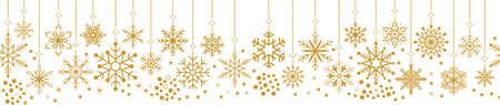 Seamless Christmas ornate vector with snowflakes. Gold hanger with chain. Hanging golden xmas element and decoration on white background.のイラスト素材