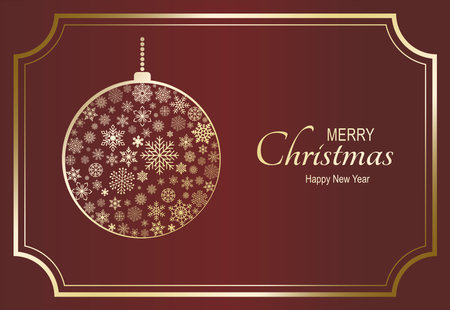 Christmas ball or bauble vector with snowflakes. Gold Hanger with chain.
Hanging golden xmas element and decoration on red background with gold frame.のイラスト素材