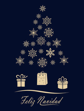 Christmas tree vector with snowflakes, gift and spanish christmas greetings on black background. Translation spanish to english: Feliz Navidad is Merry Christmas.のイラスト素材