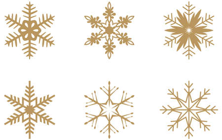 Gold frosty abstract snowflake symbols set on white background. Fine designed gold Frosty snowflakes pattern as vector.のイラスト素材
