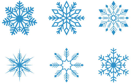 Ice blue frosty abstract snowflake symbols set on white background. Fine designed blue Frosty snowflakes pattern as vector.のイラスト素材