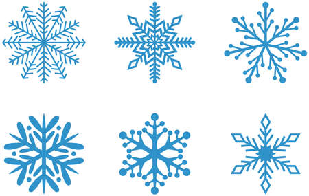 Ice blue frosty abstract snowflake symbols set on white background. Fine designed blue Frosty snowflakes pattern as vector.のイラスト素材