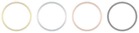 Laurel wreath honor vector in gold, silver, bronze, black. Circle arrangement on white isolated background.のイラスト素材